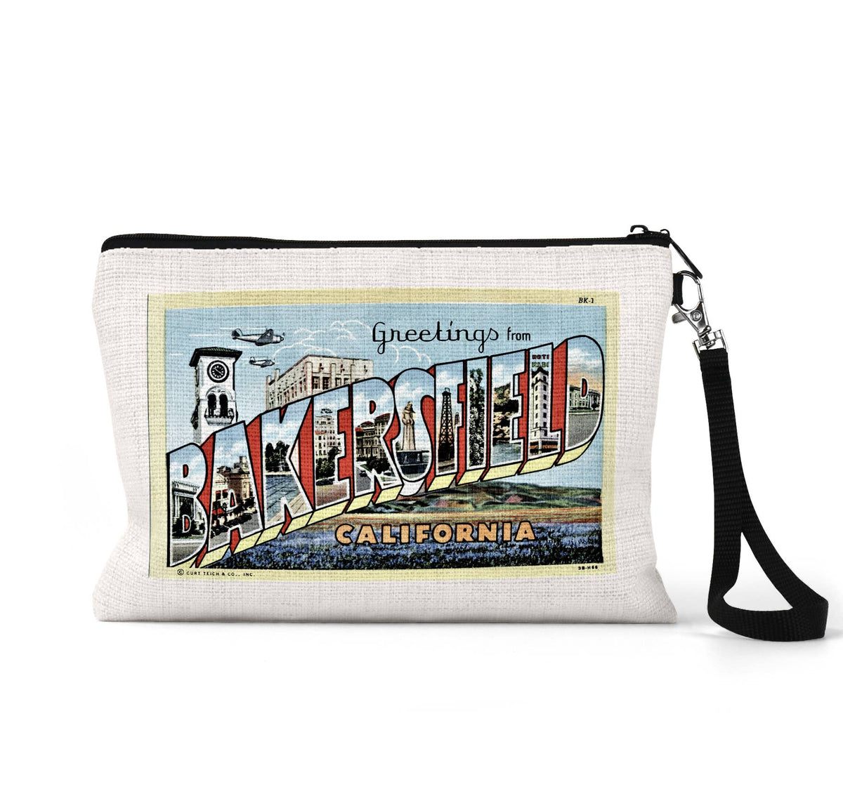 Bakersfield California vintage postcard wristlet travel pouch