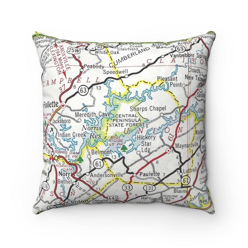 Norris Lake Tennessee vintage map pillow