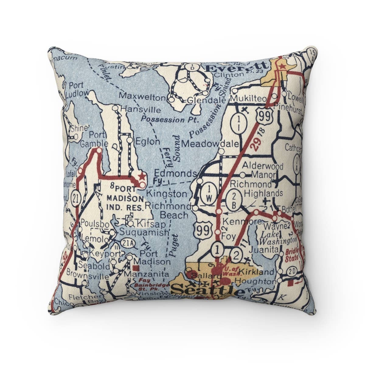 Edmonds Washington vintage map throw pillow