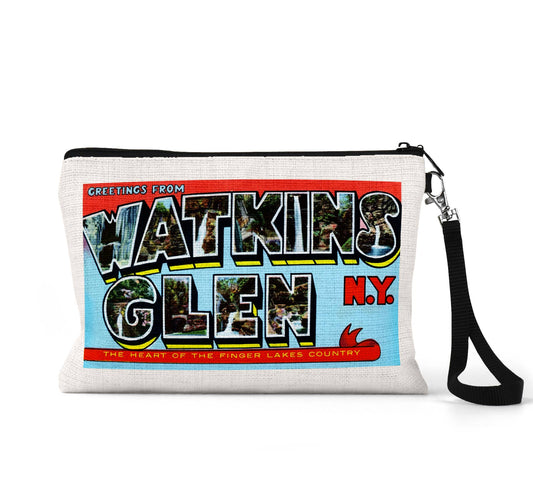 Watkins Glen New York vintage postcard wristlet travel pouch