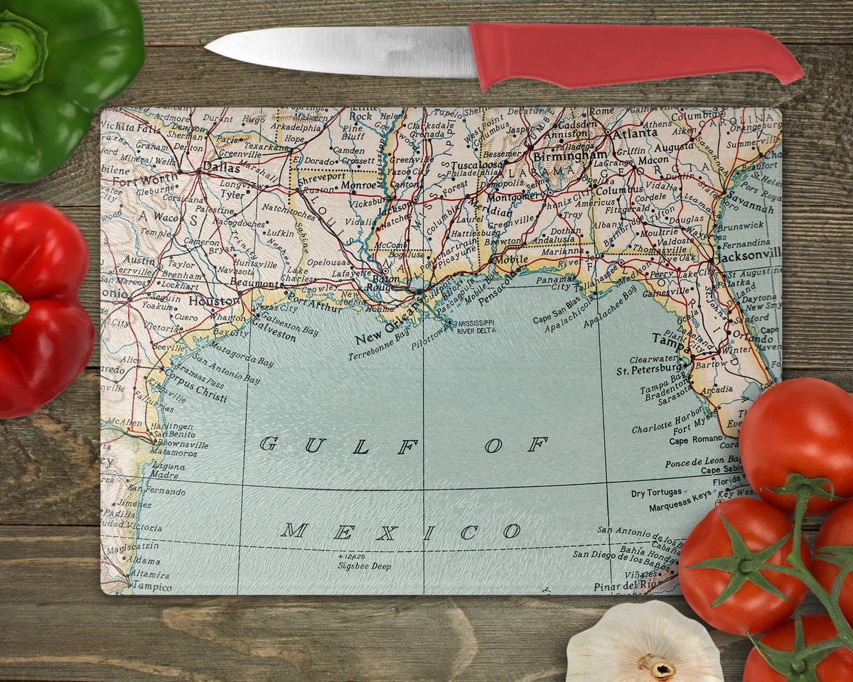 Gulf of Mexico vintage map glass cutting board