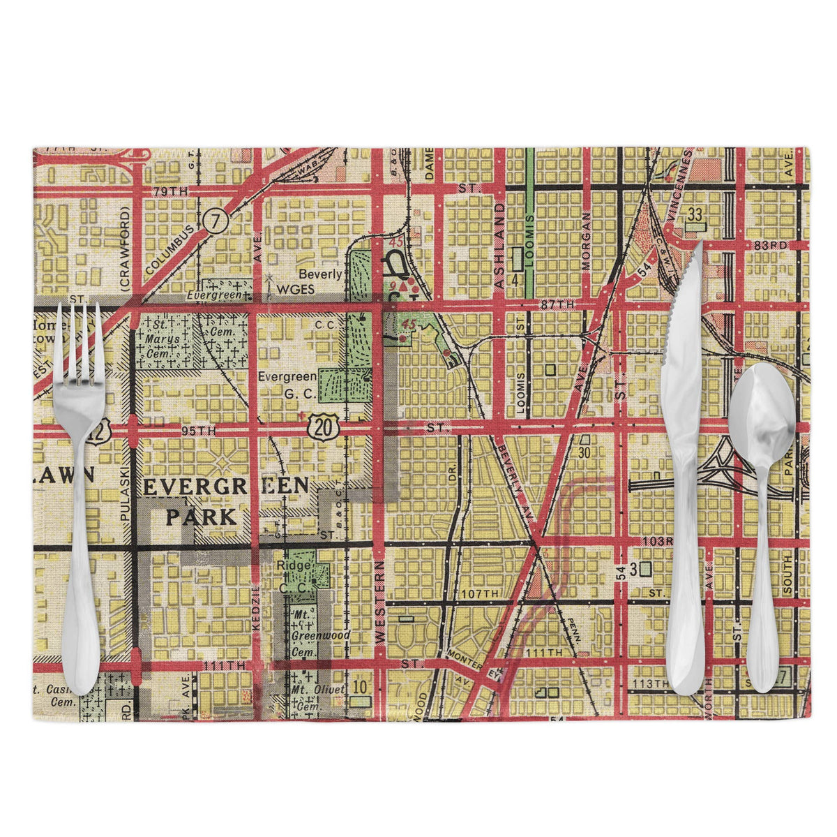 Beverly Chicago Illinois vintage map placemats set of 4