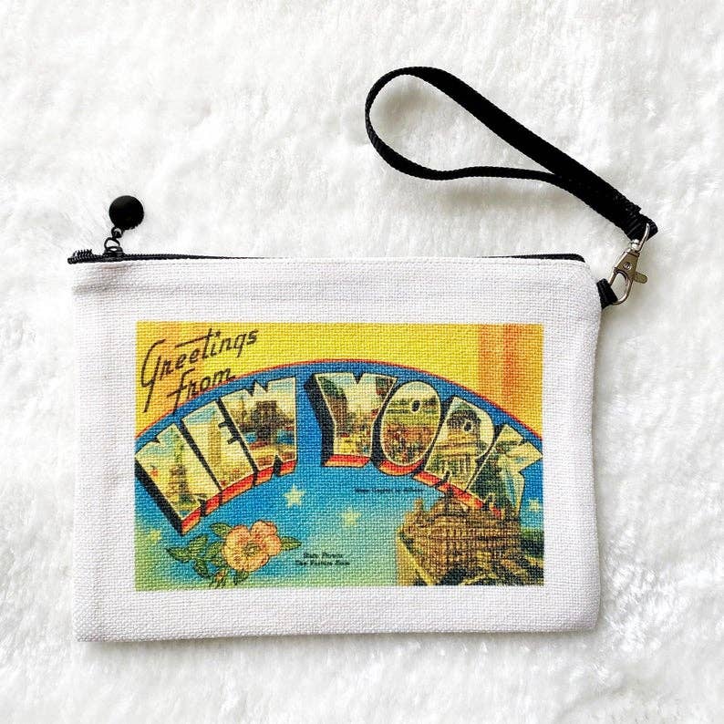 New York State vintage postcard wristlet travel pouch