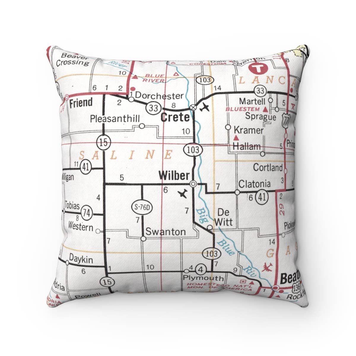 Wilber Nebraska vintage map throw pillow