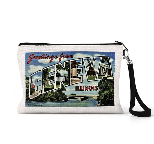 Geneva Illinois vintage postcard wristlet travel pouch