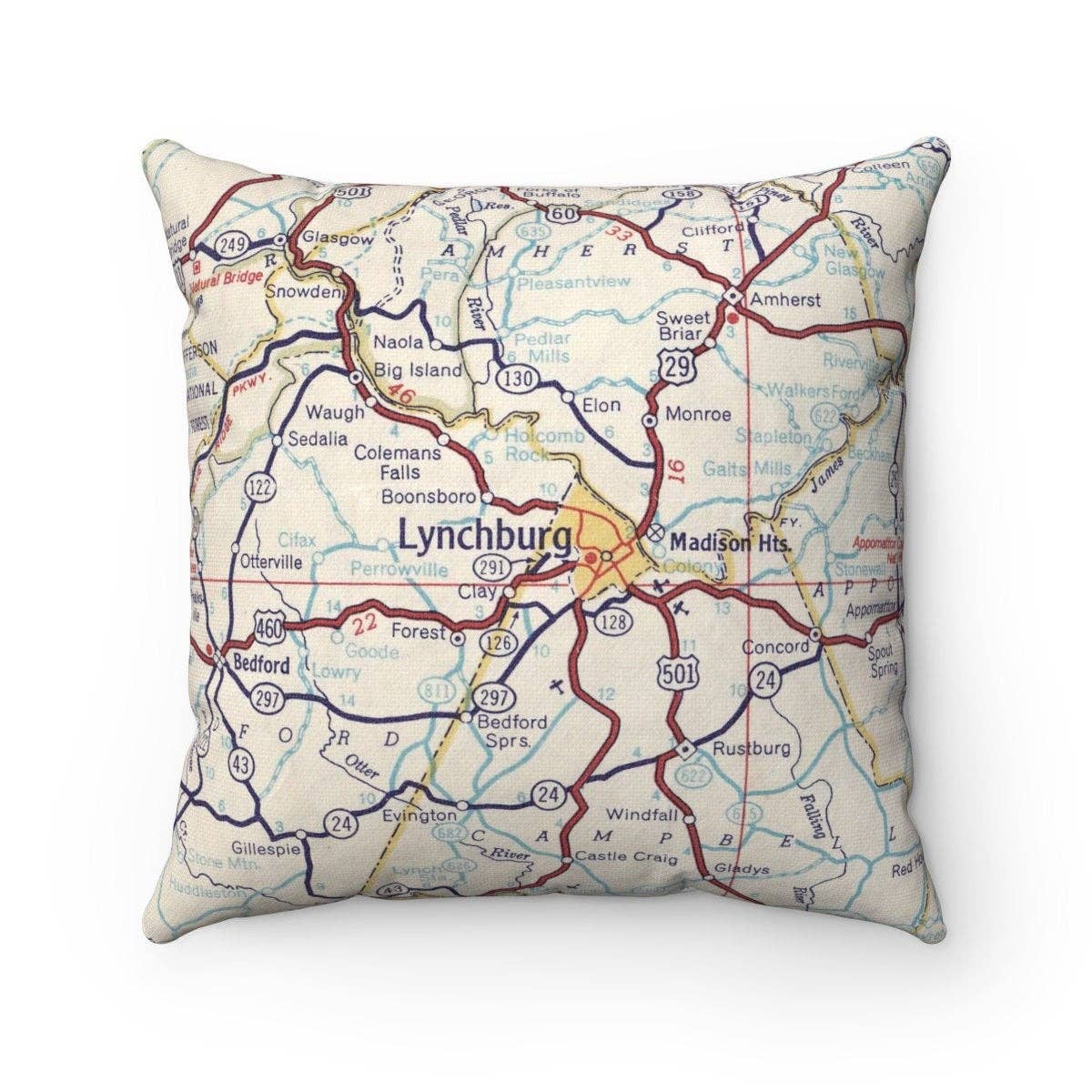 Lynchburg Virginia vintage map throw pillow