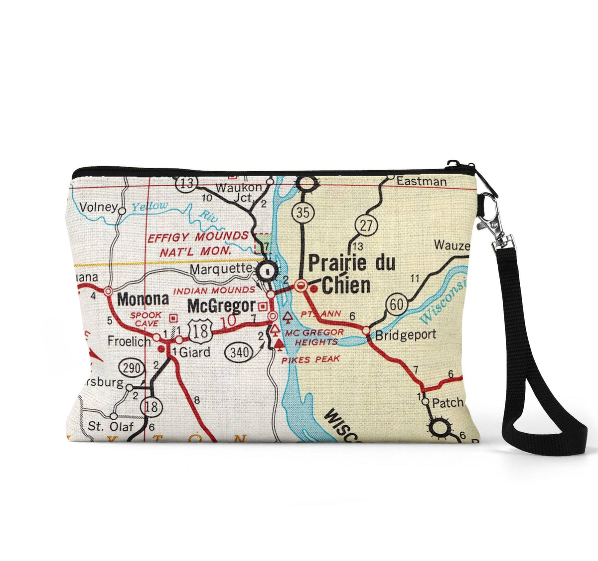 McGregor Iowa map wristlet travel pouch