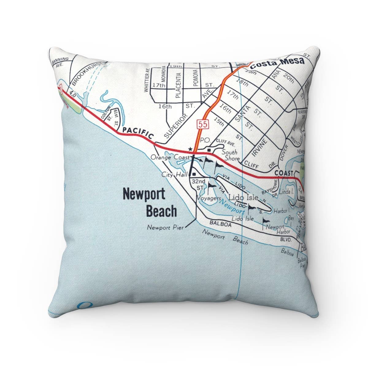 Newport Beach California vintage map throw pillow