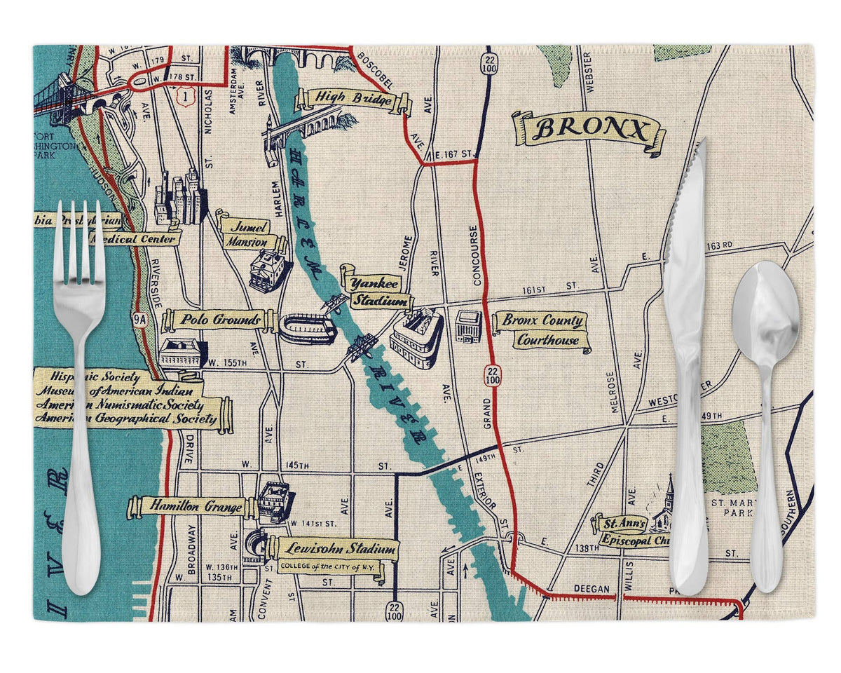 Yankee Stadium New York vintage map placemats set of 4