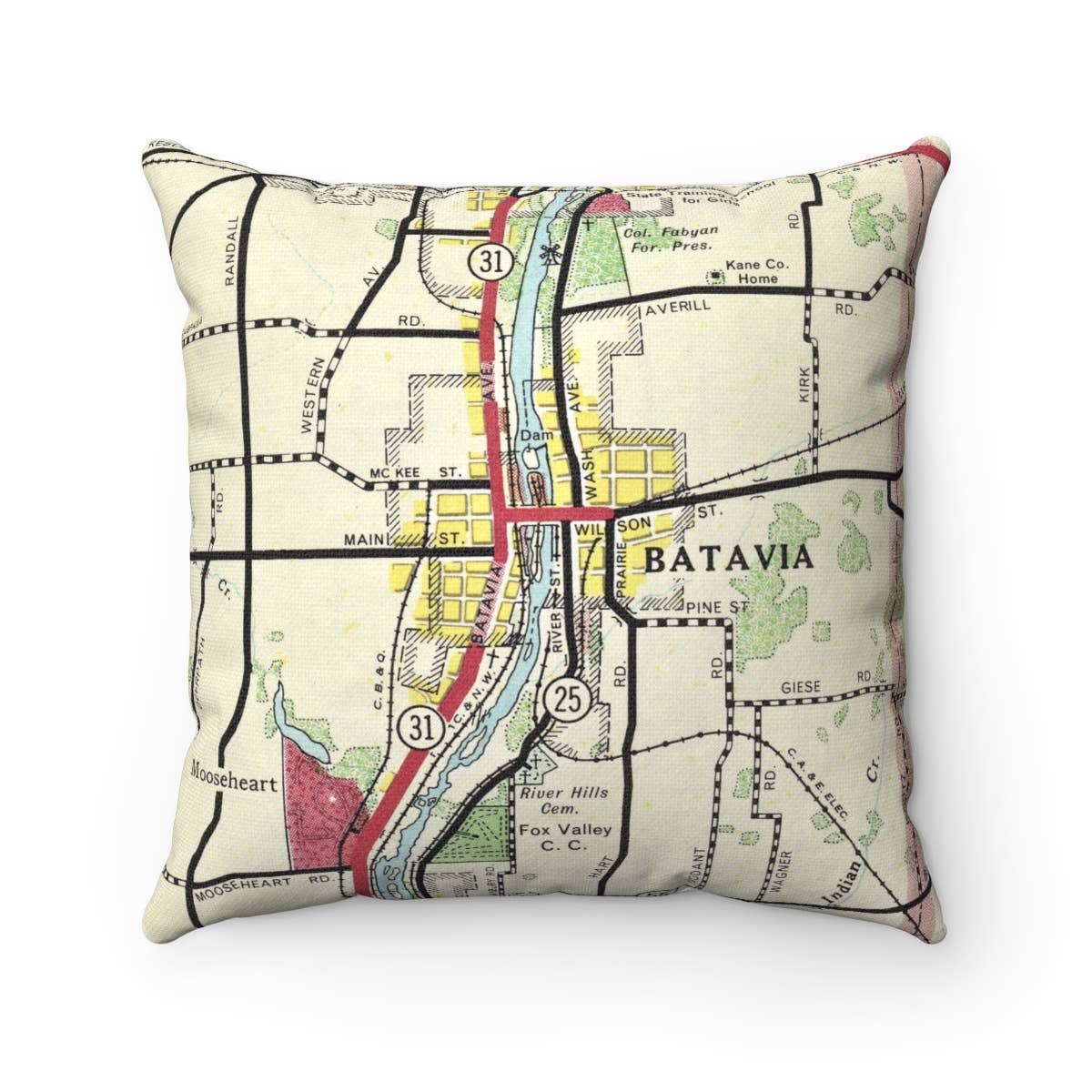 Batavia Illinois vintage map throw pillow