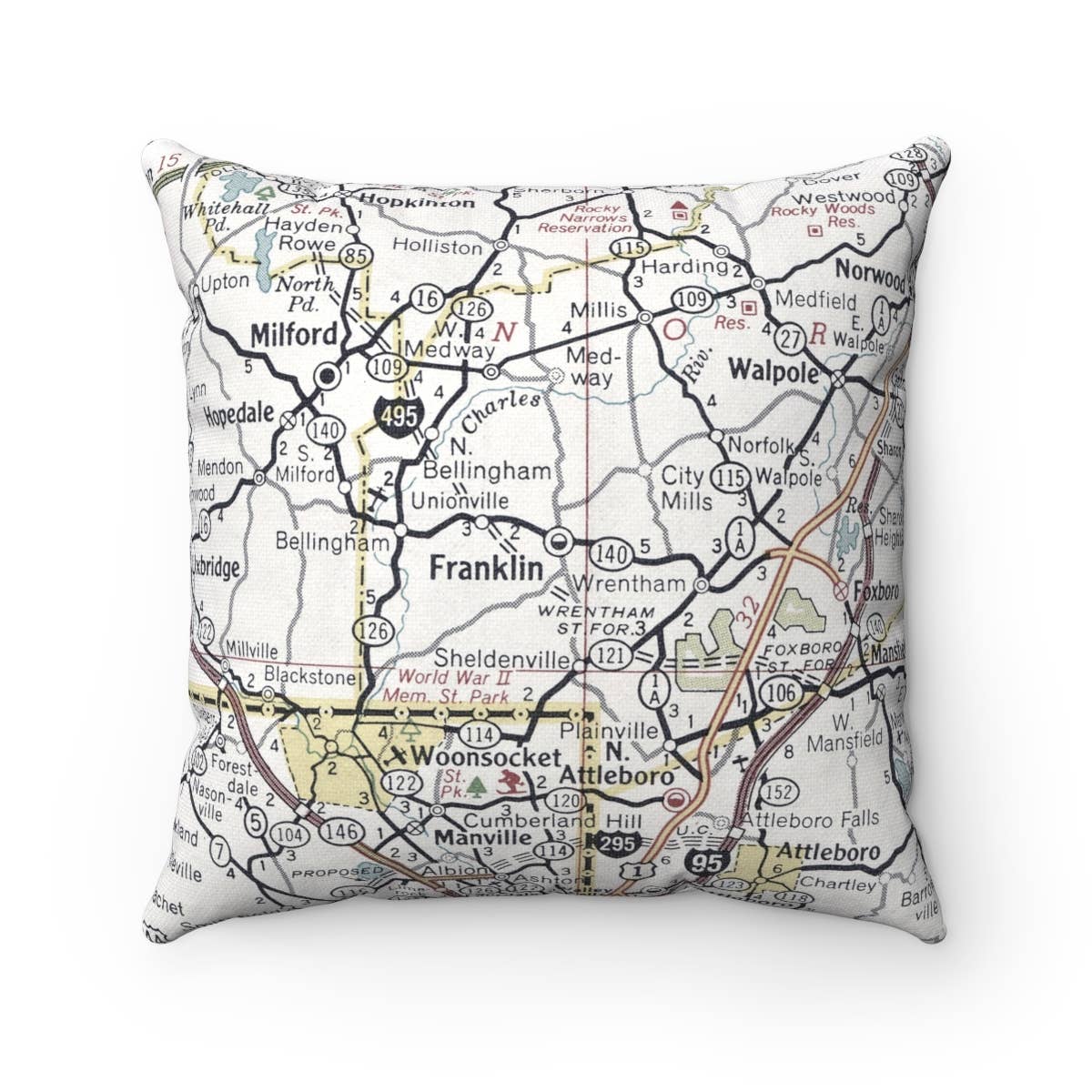 Franklin Massachusetts vintage map throw pillow