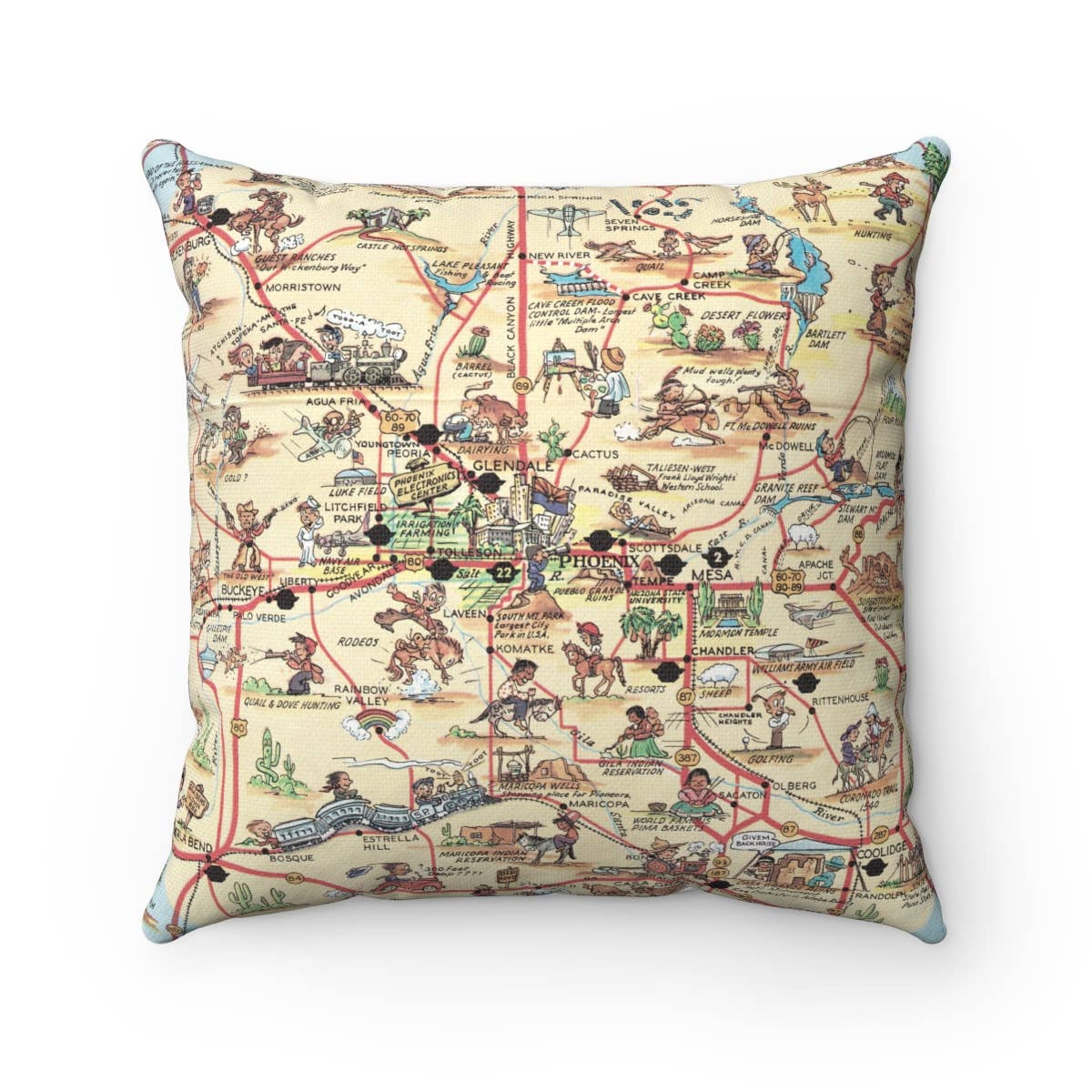 Phoenix Scottsdale Mesa Arizona Illustrated vintage map throw pillow
