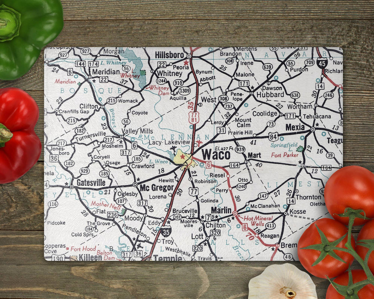 Waco Texas vintage map glass cutting board