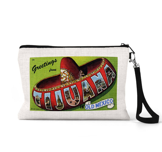 Tijuana Mexico vintage postcard wristlet travel pouch