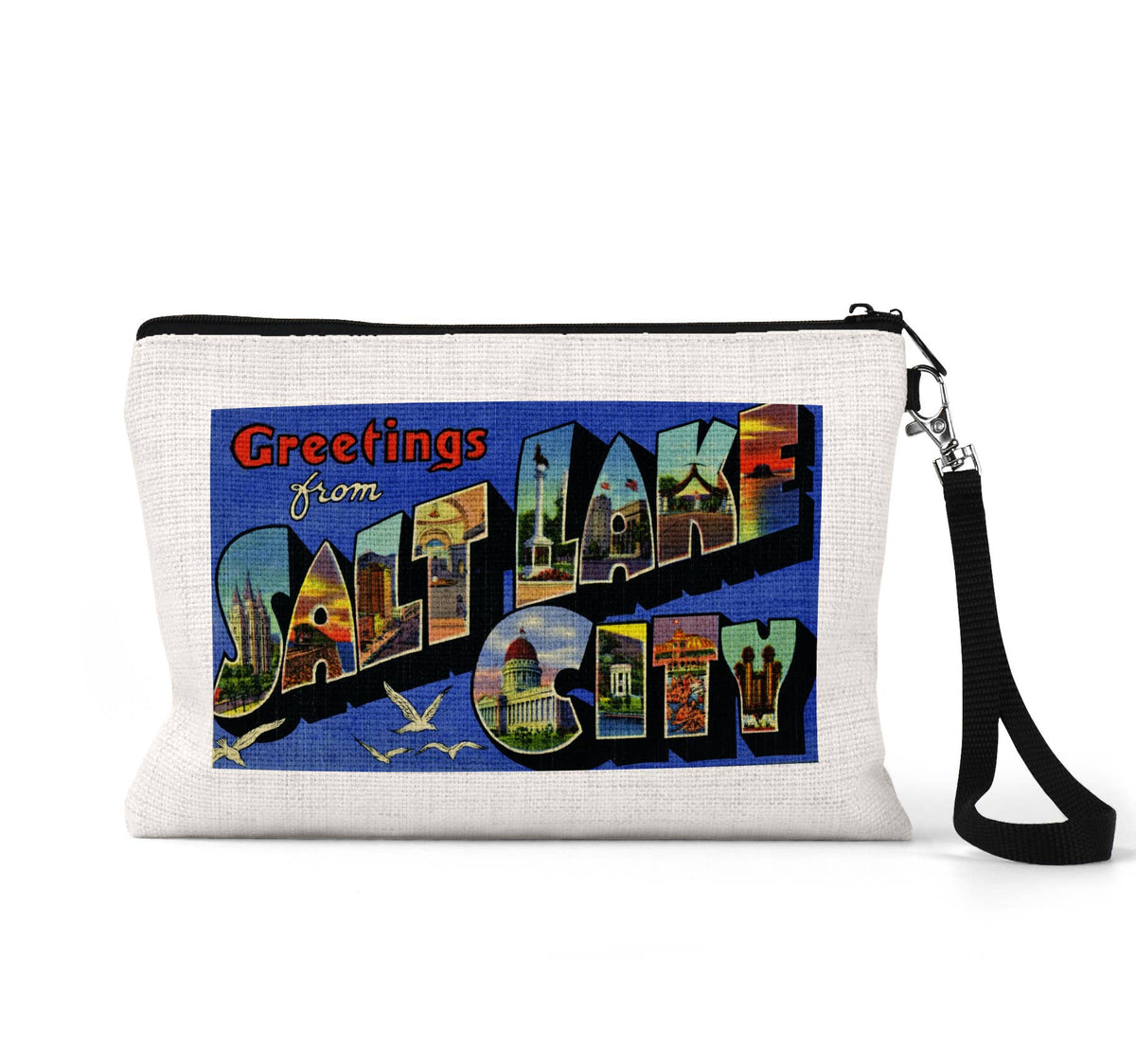Salt Lake City Utah vintage postcard wristlet travel pouch