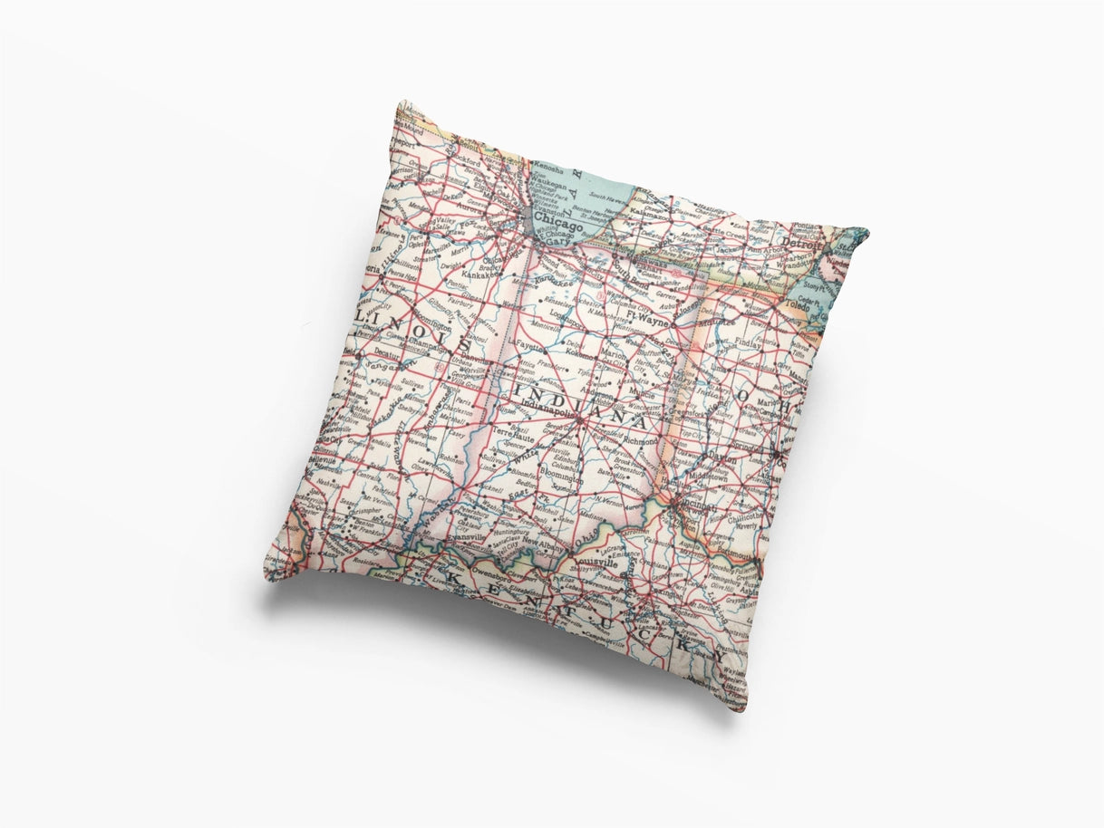 Indiana Map Pillow | Vintage Indiana Map Throw Pillow