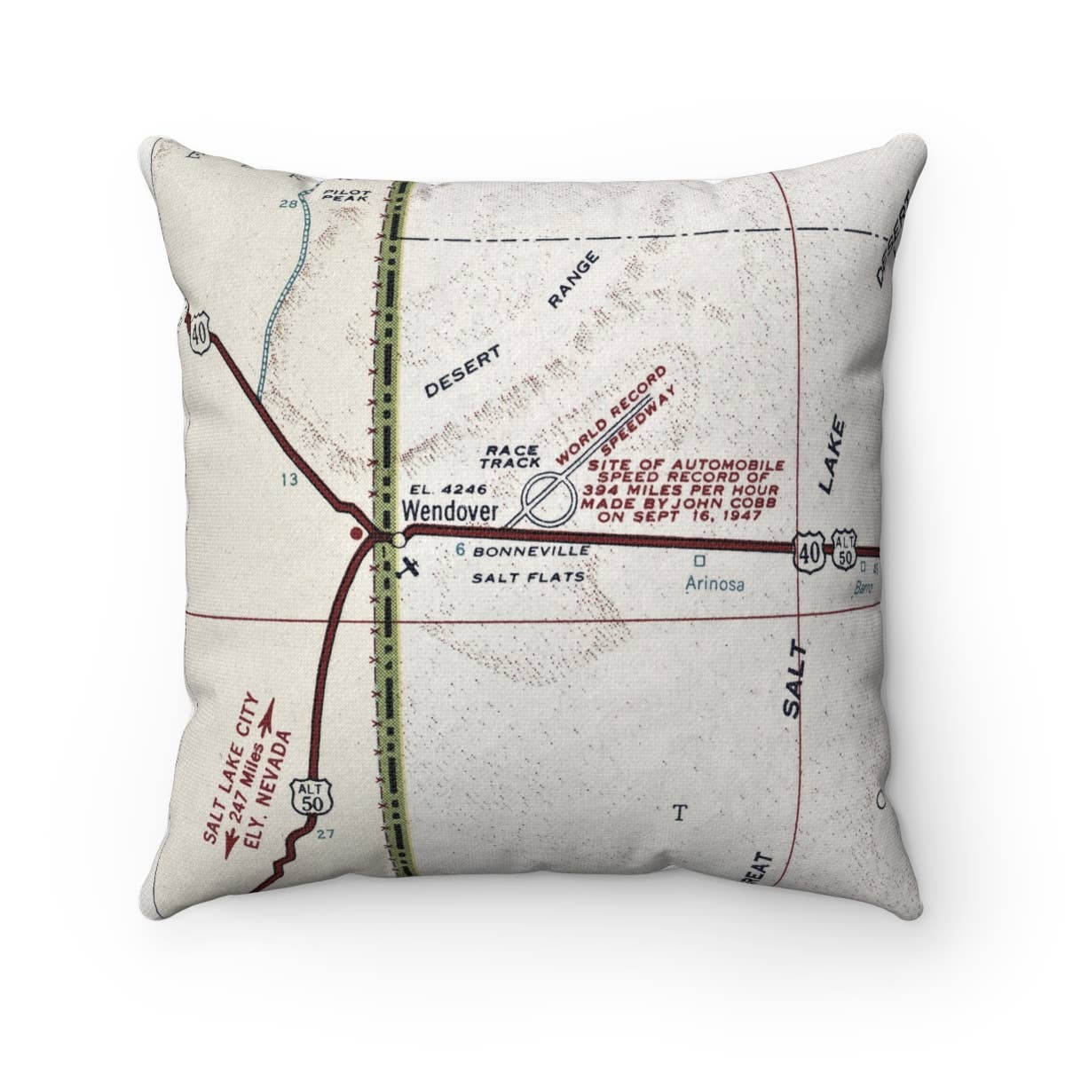 Bonneville Salt Flats Utah Nevada vintage map throw pillow