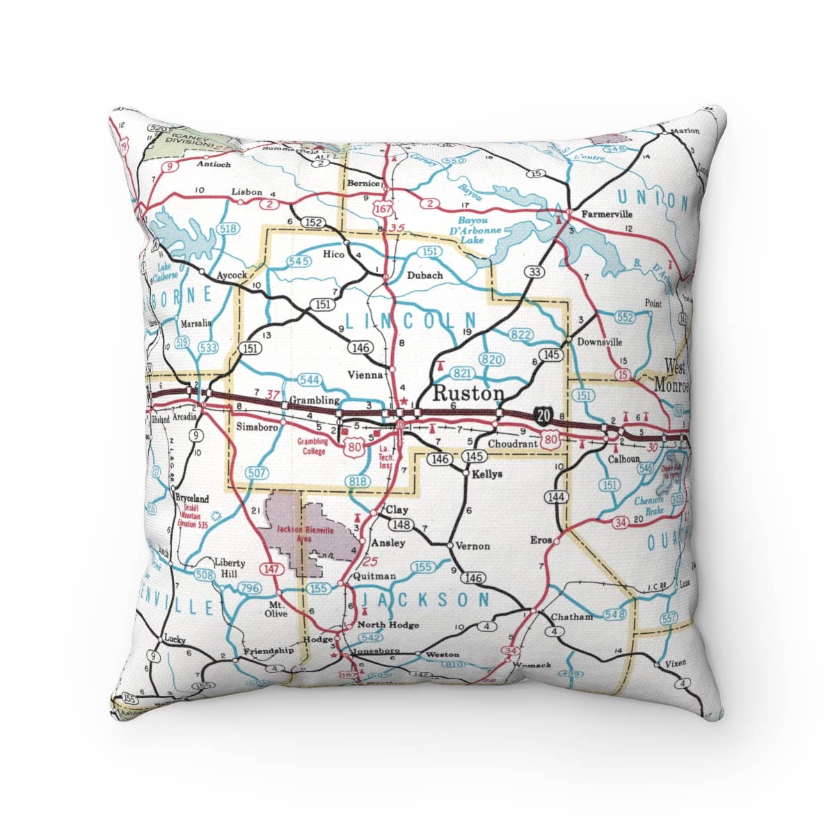 Ruston Louisiana vintage map throw pillow