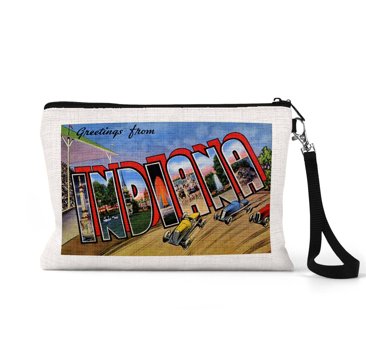 Indiana vintage postcard wristlet travel pouch