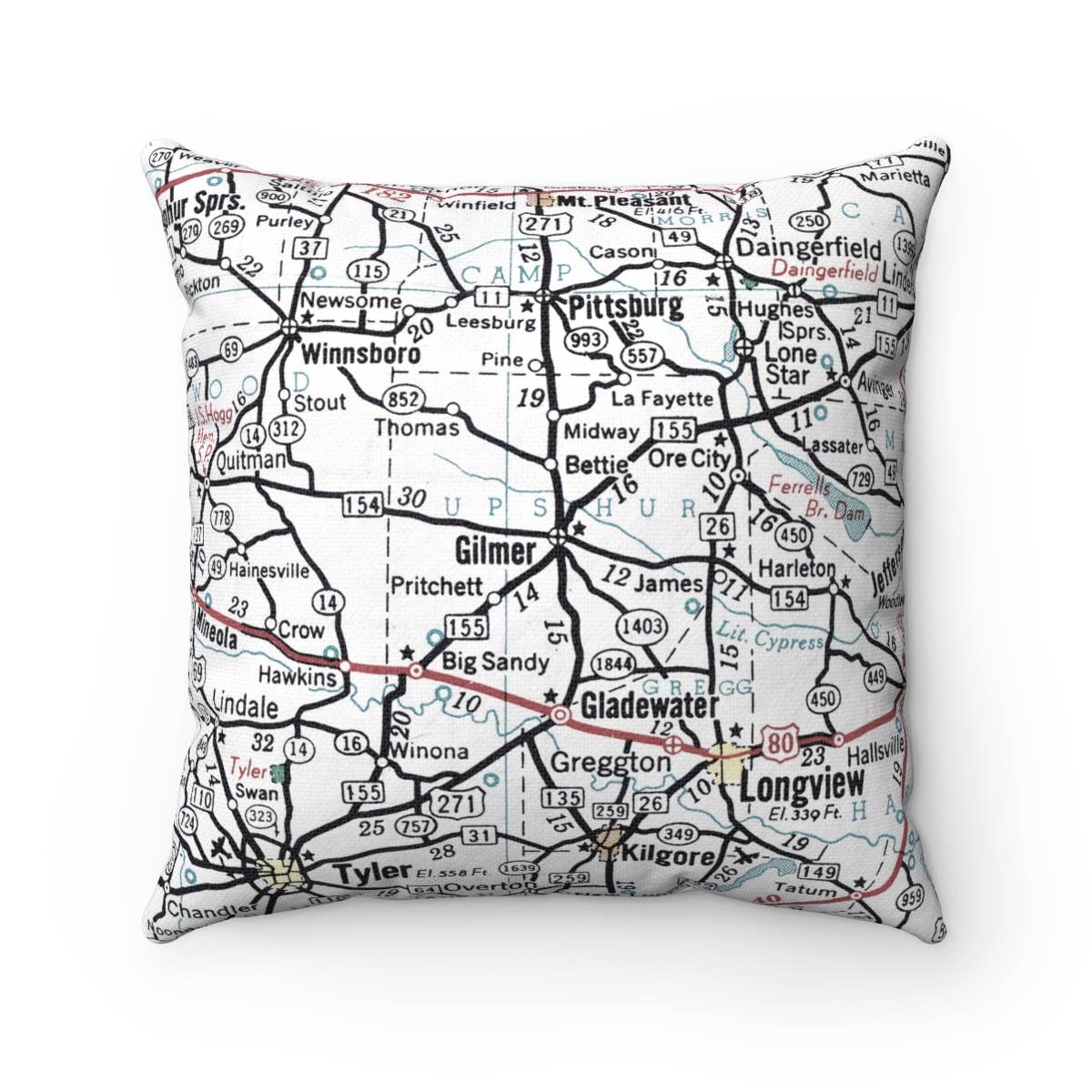 Gilmer Texas vintage map throw pillow
