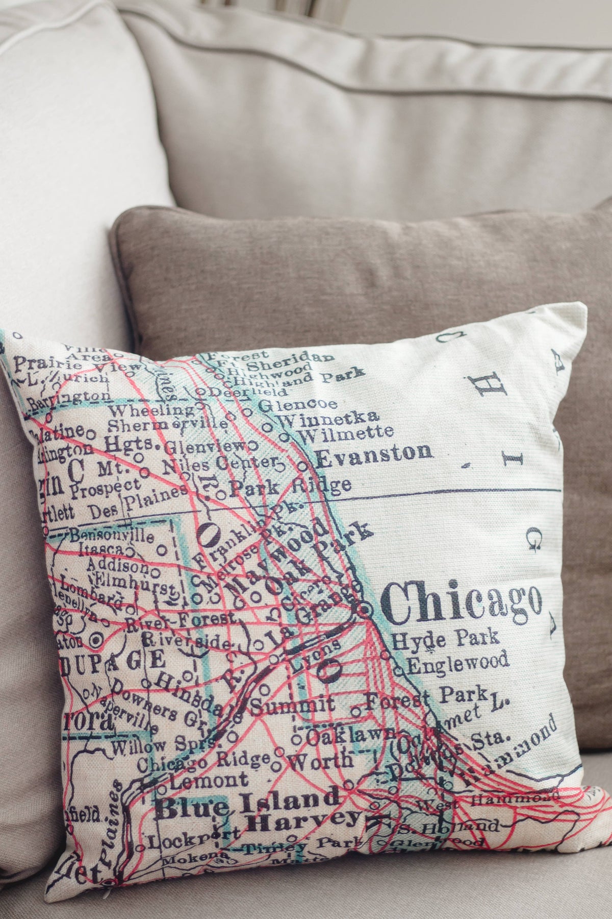 Vintage map throw pillow close-up