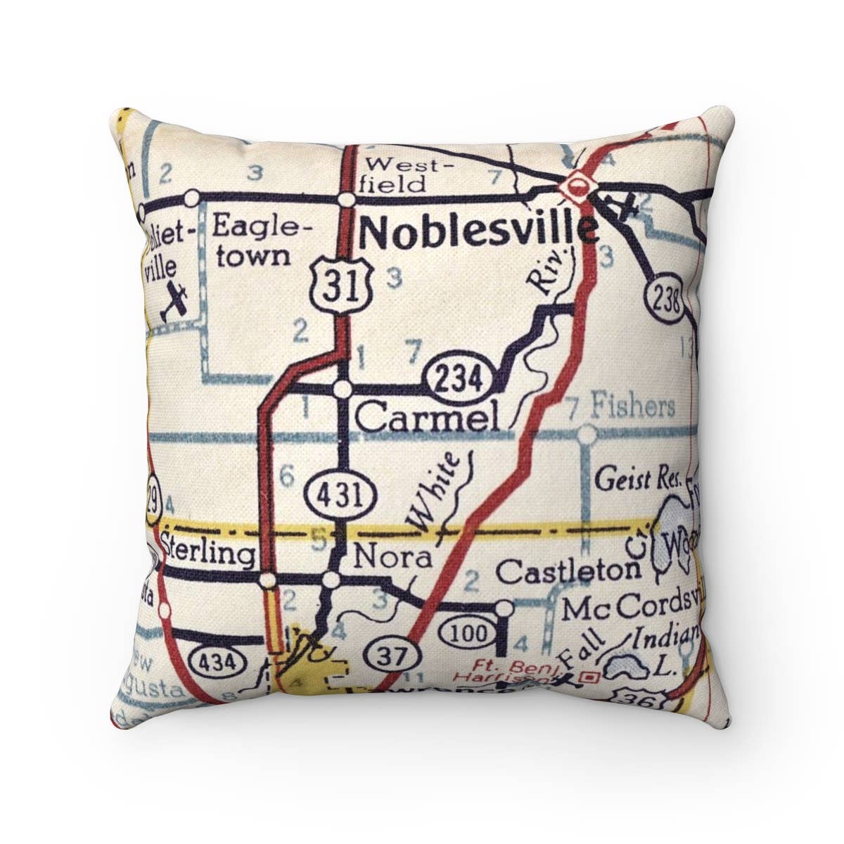 Carmel Indiana vintage map throw pillow