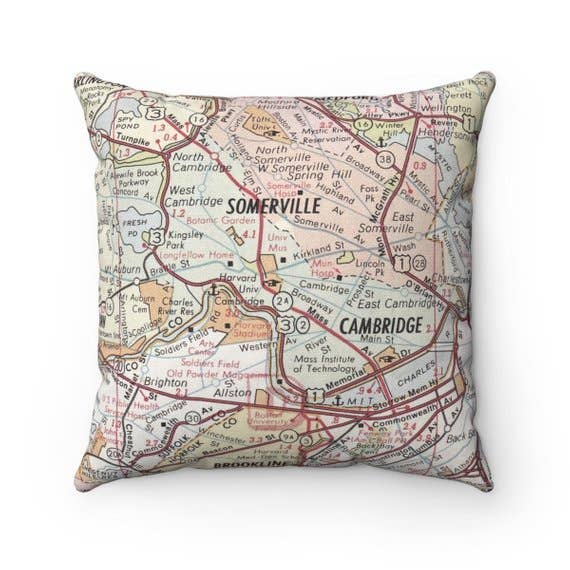 Cambridge Massachusetts vintage map throw pillow