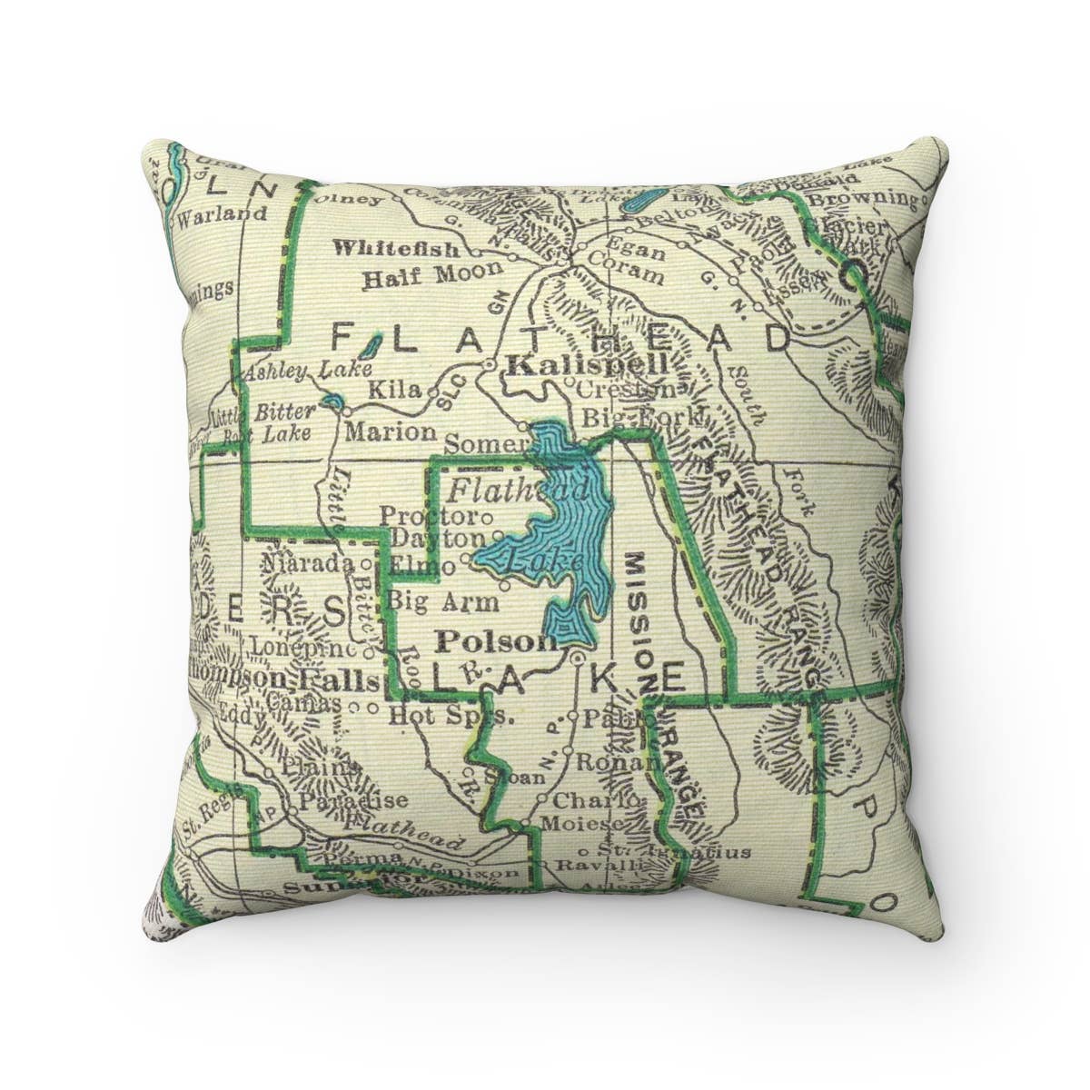 Flathead Lake Montana vintage map throw pillow