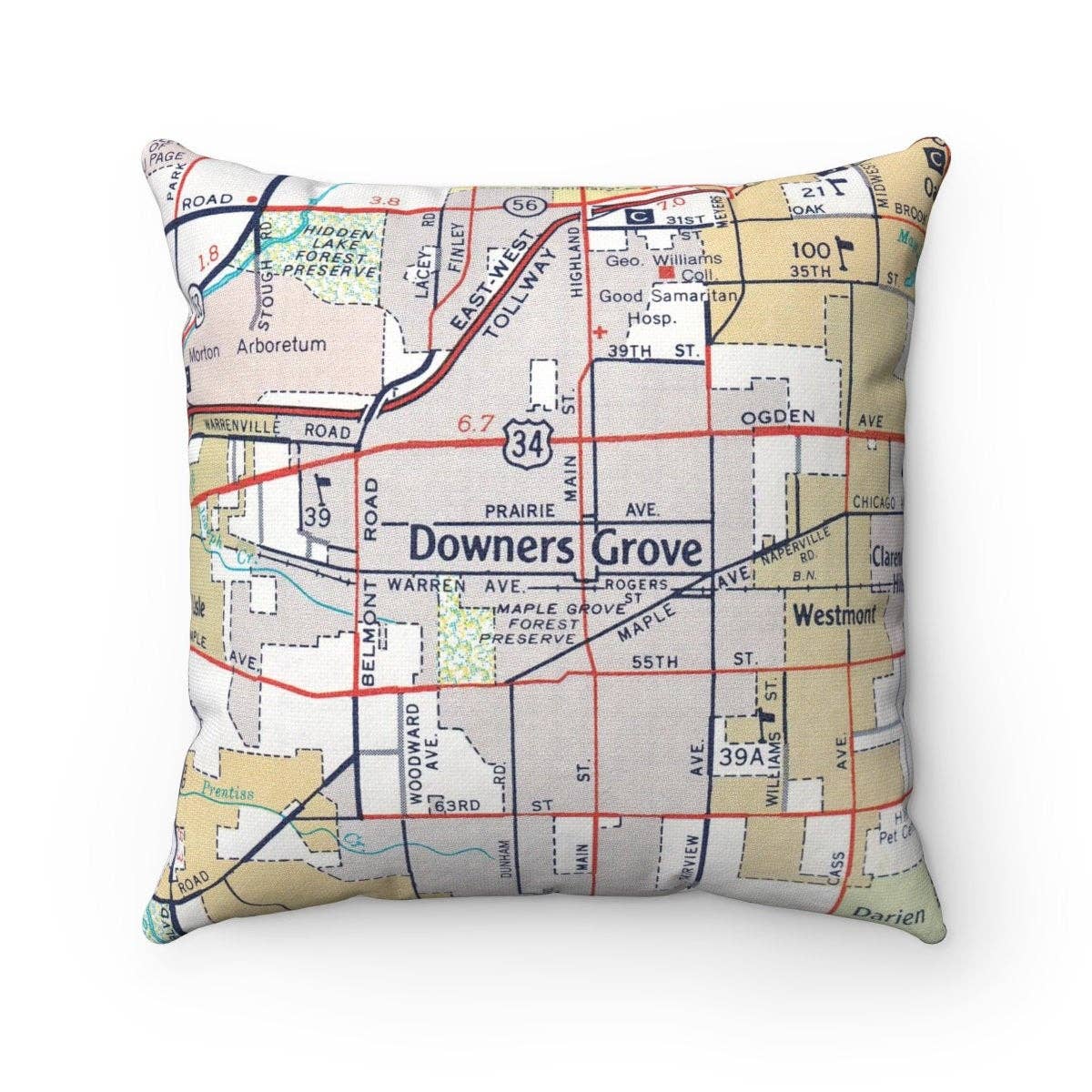 Downers Grove Illinois vintage map throw pillow