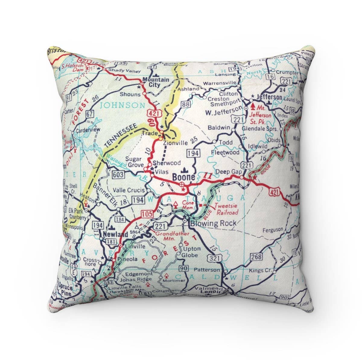 Boone North Carolina vintage map throw pillow
