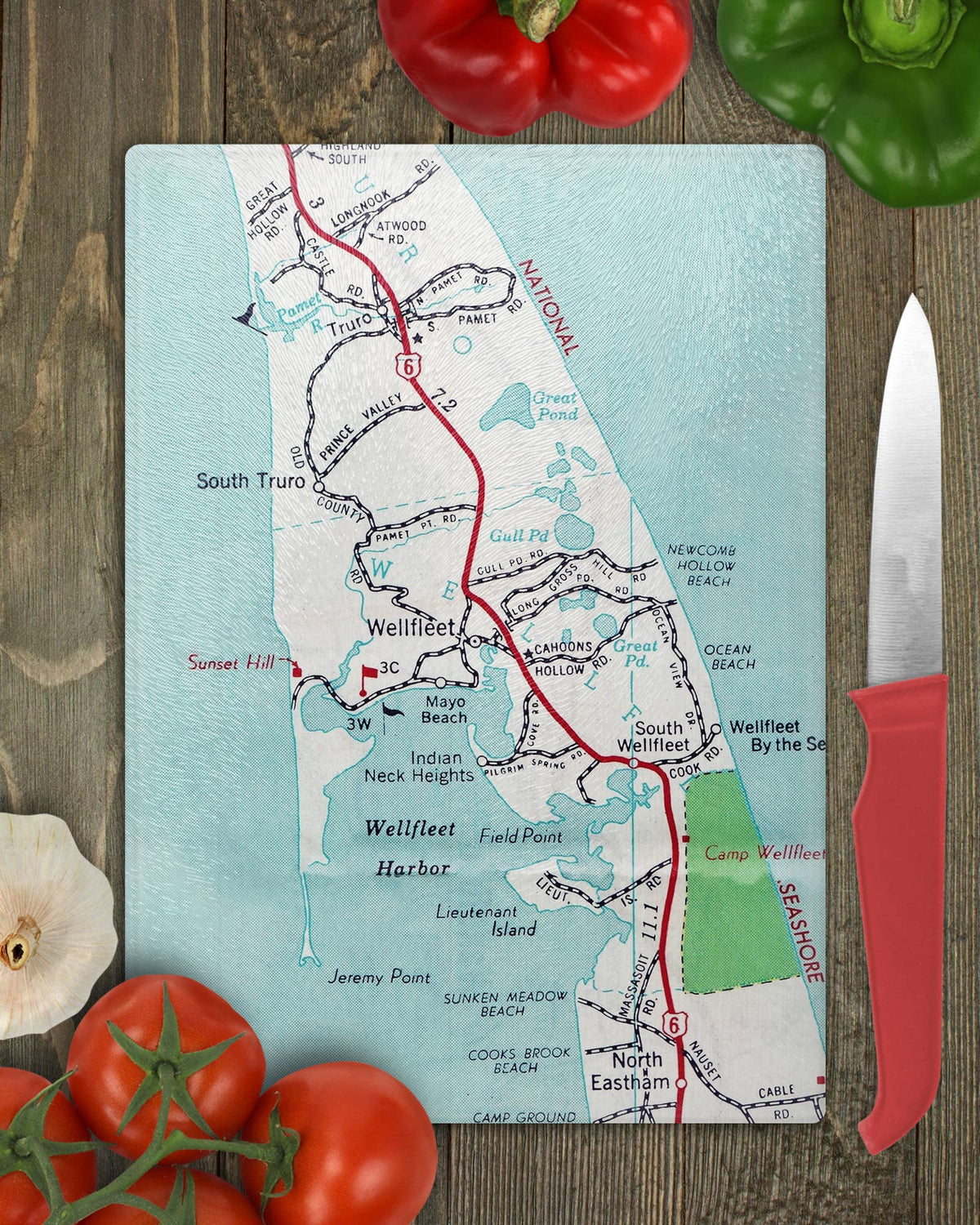 Wellfleet Massachusetts vintage map glass cutting board