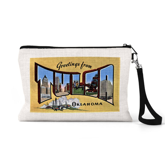 Tulsa Oklahoma vintage postcard wristlet travel pouch