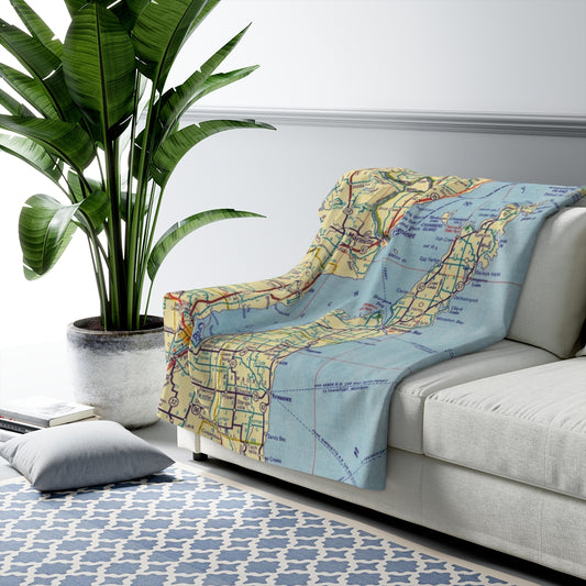 Door County Wisconsin Vintage Map Sherpa Fleece Blanket | Lake Michigan Throw | Up North Cozy Gift | Travel-Inspired Home Decor