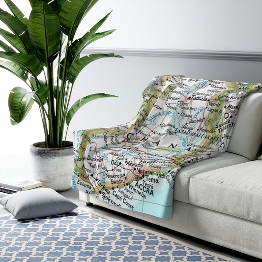 Ghana Sherpa Fleece Blanket – Vintage Map Throw | Cozy Travel-Inspired Home Décor