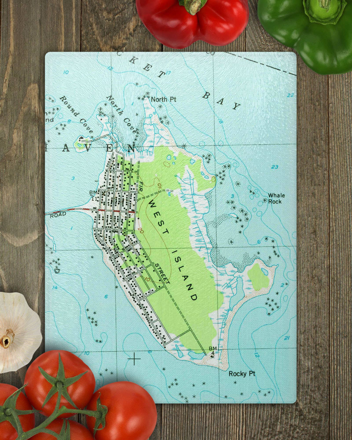 West Island Massachusetts vintage map glass cutting board