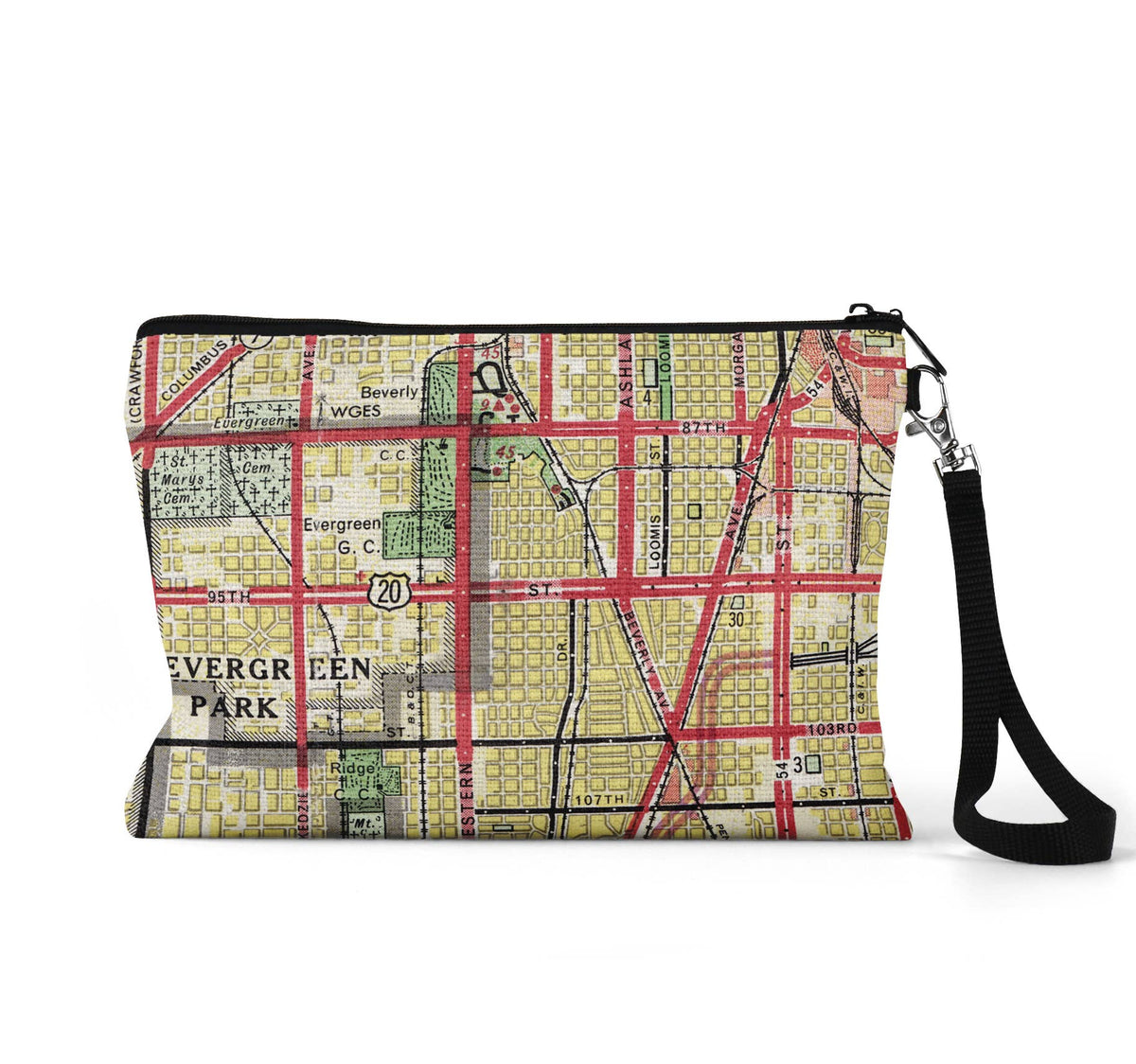 Beverly Chicago Illinois map wristlet travel pouch