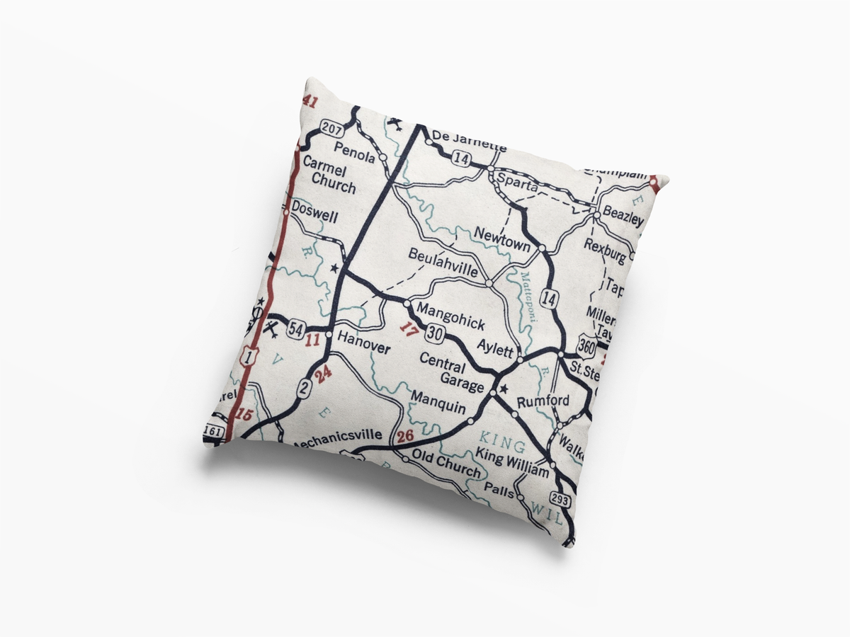 Mangohick Virginia vintage map throw pillow