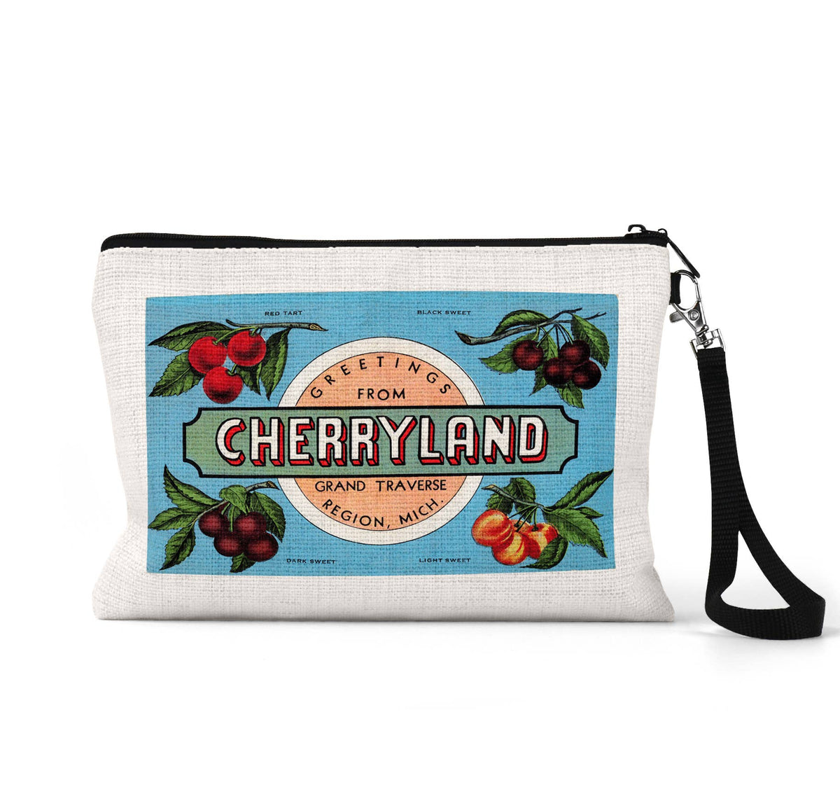 Traverse City Michigan Leelanau vintage postcard wristlet travel pouch