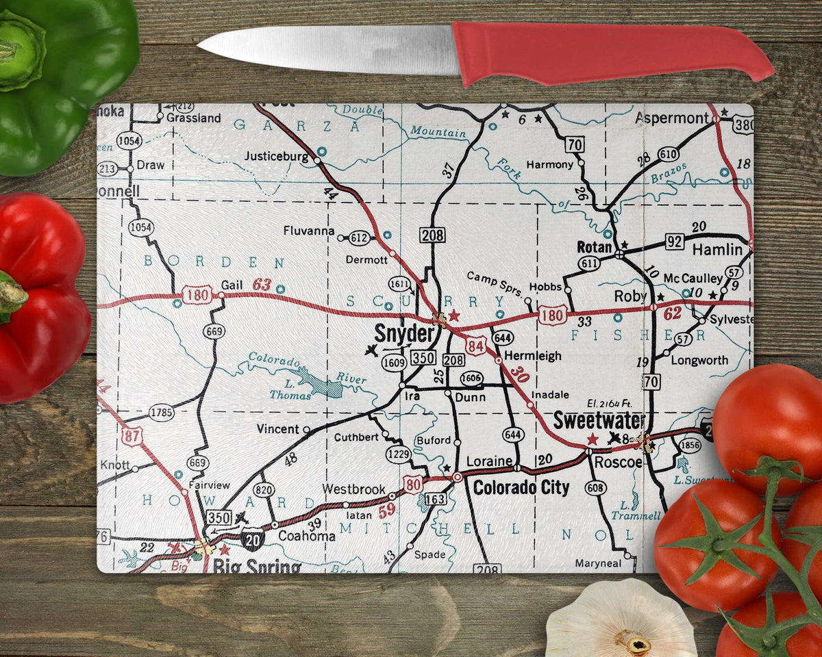 Snyder Texas vintage map glass cutting board