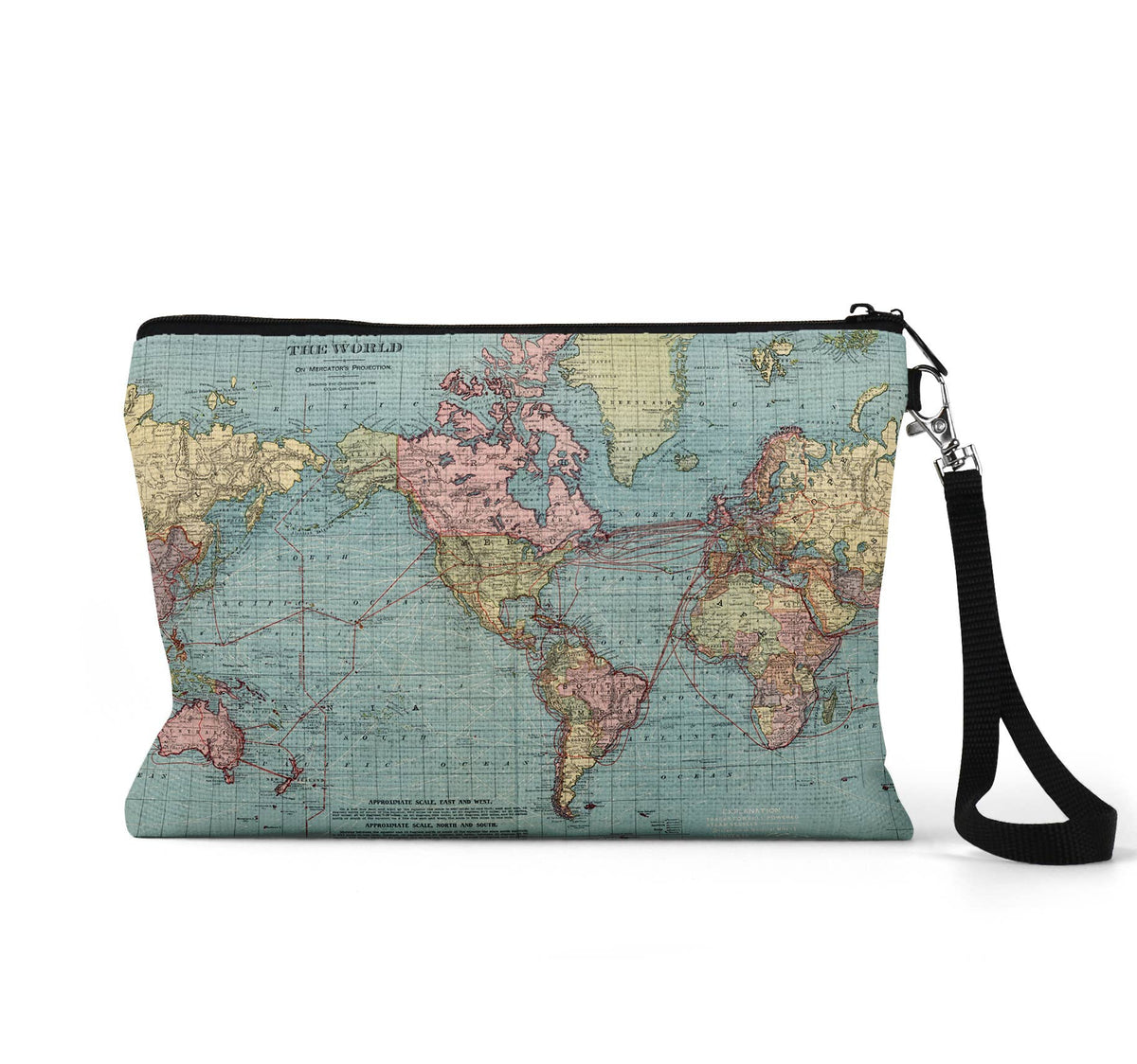 World map wristlet travel pouch