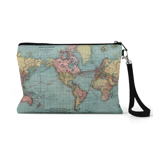 World map wristlet travel pouch