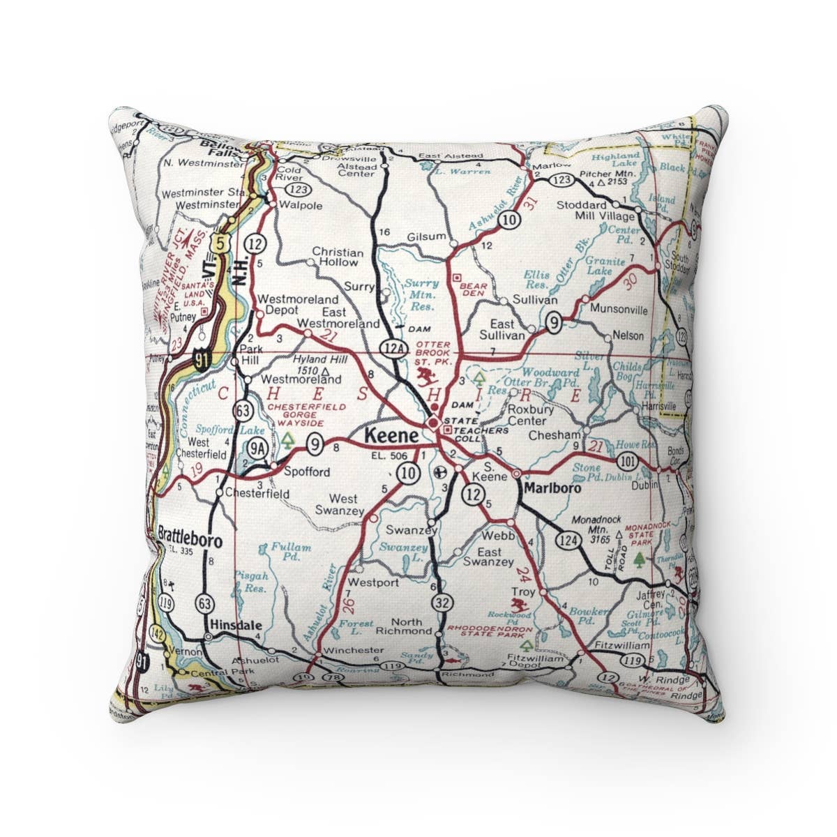 Keene New Hampshire vintage map throw pillow