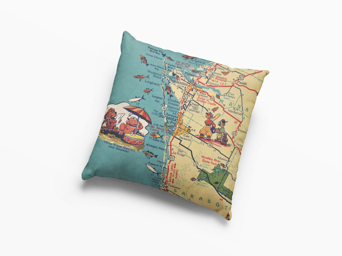 Sarasota Florida vintage map throw pillow