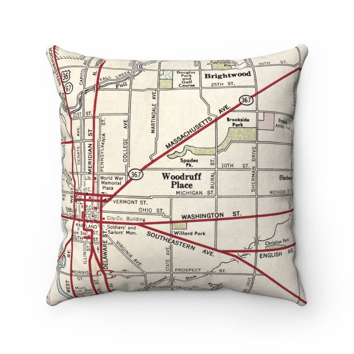 Woodruff Place Indianapolis Indiana vintage map throw pillow
