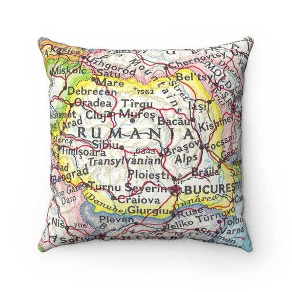 Romania vintage map throw pillow