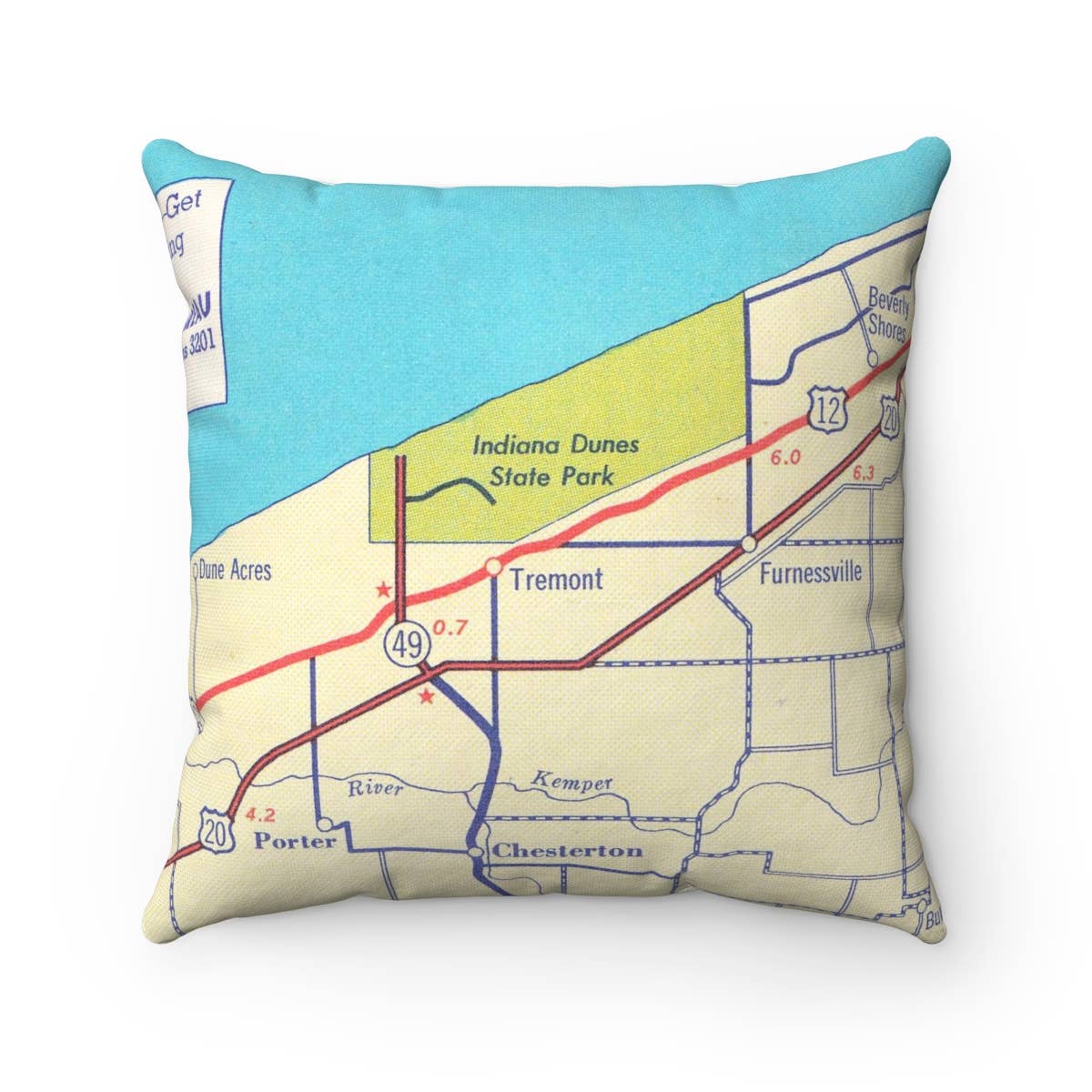 Indiana Dunes vintage map throw pillow