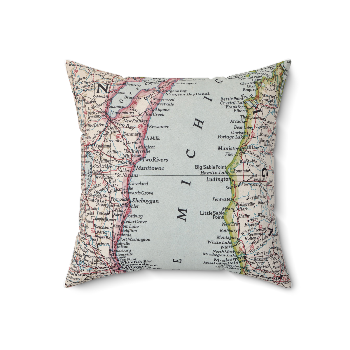 Ludington Manitowoc Wisconsin Lake Michigan vintage map throw pillow
