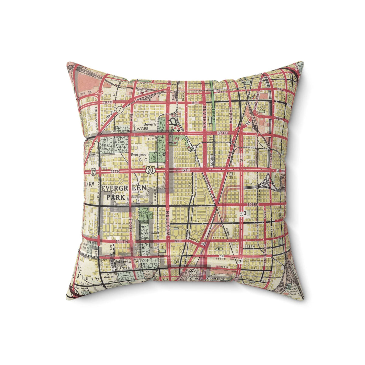 Beverly Chicago Illinois vintage map throw pillow