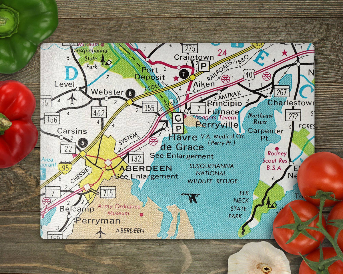 Havre de Grace Maryland vintage map glass cutting board