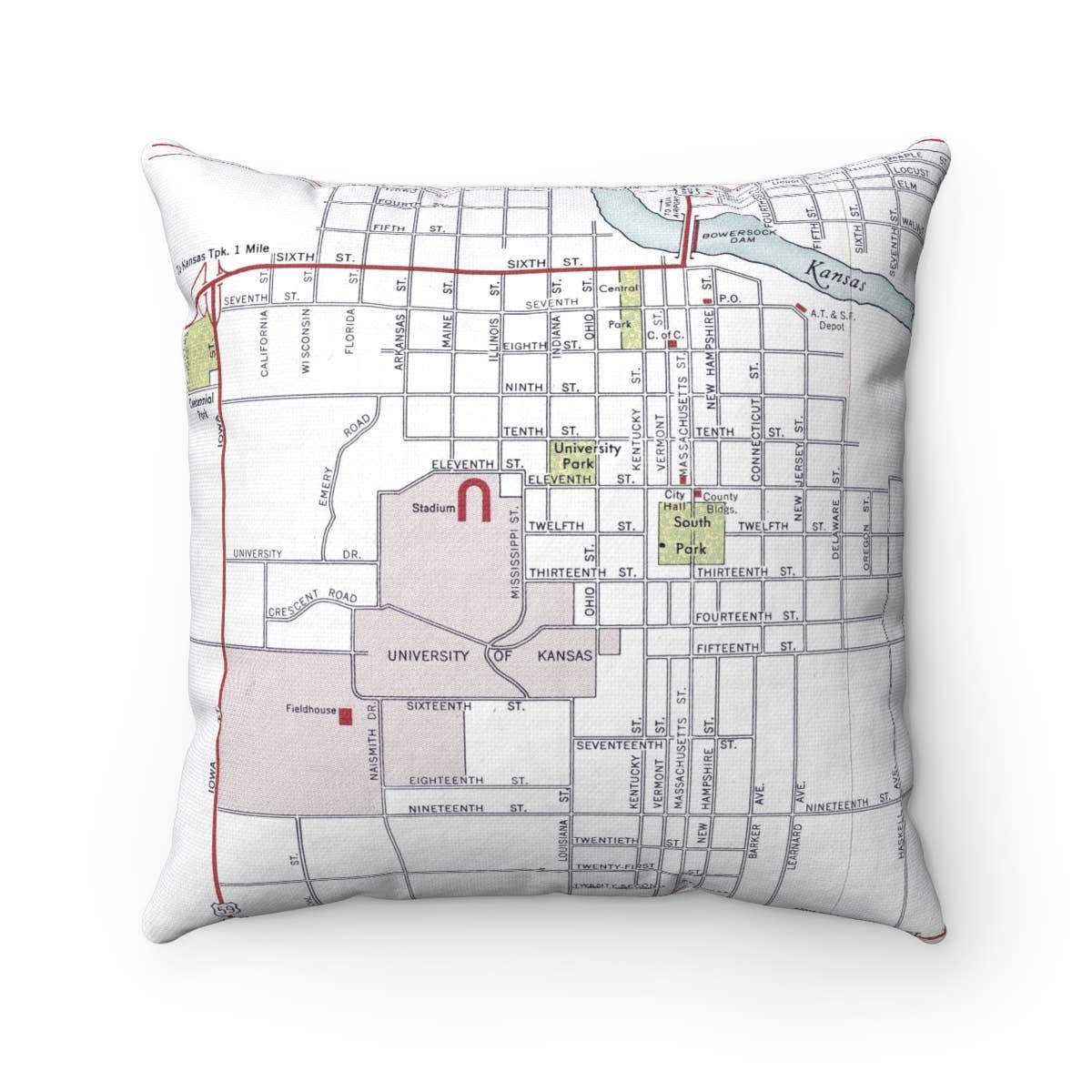 University of Kansas Lawrence vintage map throw pillow